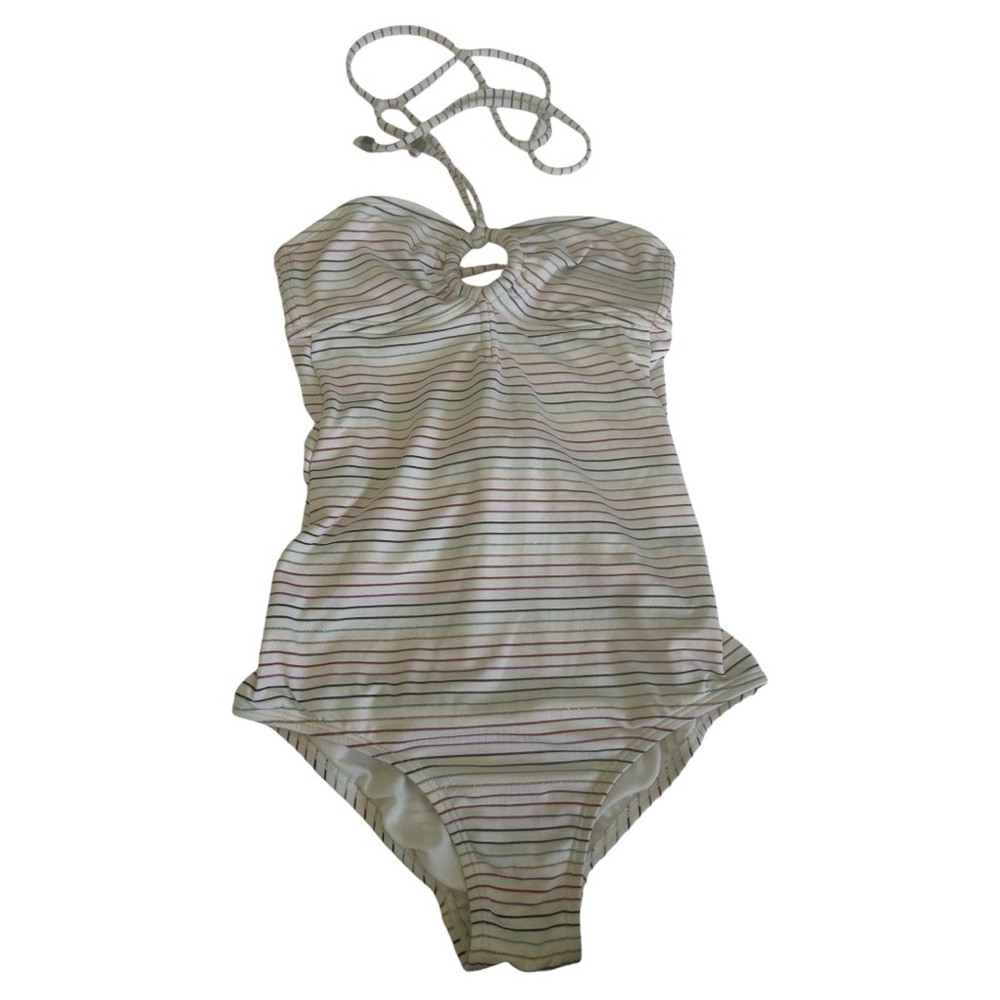 Roxy one piece swimsuit white multi colored striped rainbow sparkly halter